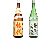 （左）特別大吟醸 朱金泥能代醸造多知（右）特別純米 喜一郎の酒